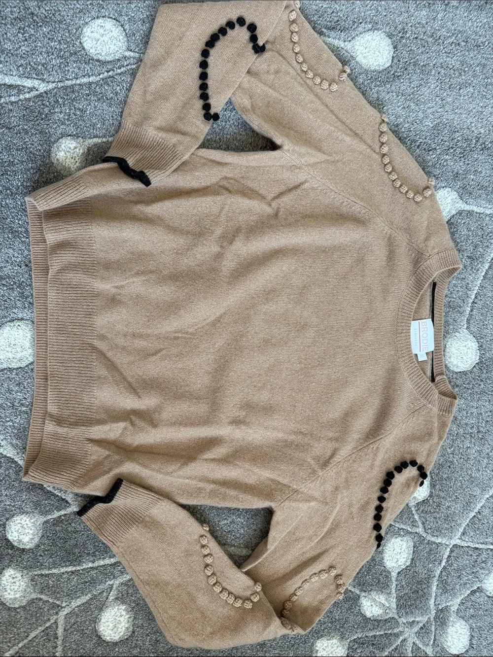 Brodie Cashmere Beige Crewneck Sweater with Bead Embellishments